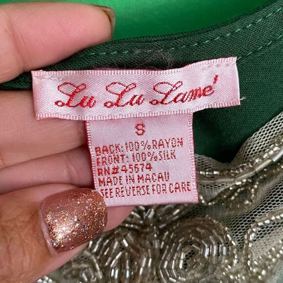 EUC LU LU LAME Vintage Silk & Lace Green Sheer Hand Beaded Sleeveless Blouse Sm - Picture 8 of 12
